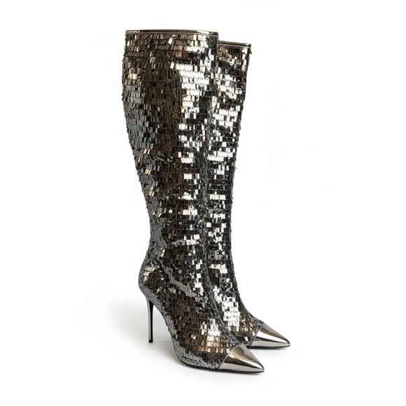 Steve Madden Panther silver Sequin Knee-High Boots 8.5 stiletto heels holiday - Picture 1 of 14